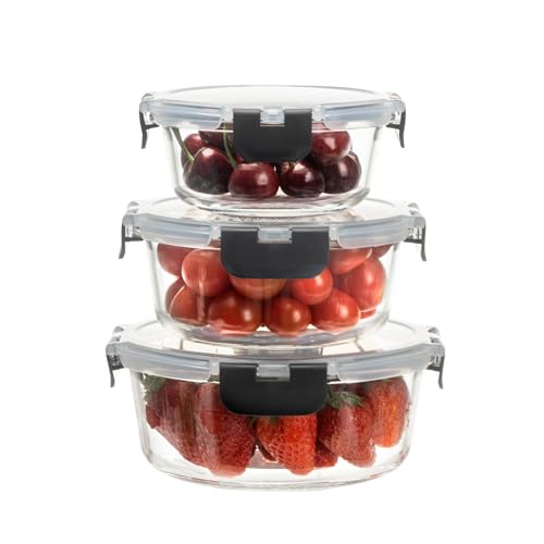 HOUSZY Set of 3 Meal Prep Stackable Glass Round Containers - Lunch Box for Food Storage, Freezer, Microwave & Oven - Dishwasher-Safe, BPA-Free Bowls - Airtight SnapLock Lids (Different Sizes)