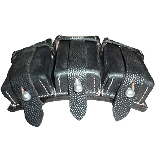 Warreplica WWII German K98 Mauser Rifle 8mm Ammo Leather Belt Pouch Carrier - WWII German K98 Triple Ammo Pebble Leather Pouch Black - Authentic Military Style, Durable & Functional