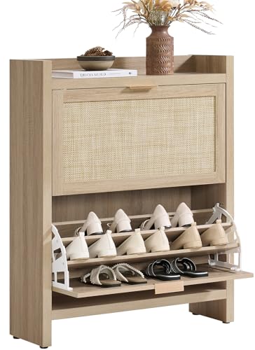 SICOTAS Rattan Shoe Storage Cabinet with 2 Flip Drawer - 11.6' Deep Freestanding Shoe Organizer with 6 Shelves for 20 Pair Shoes, Boho Large Shoe Rack Cabinet for Entryway Hallway Foyer, Light Oak