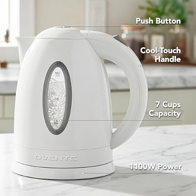 OVENTE Electric Kettle, 1.7L Fast Boiling Water Heater for Coffee or Tea, BPA Free with Water Level Gauge, Auto Shut-Off, Boil-Dry Protection, Indicator Light and Removable Filter, White KP72W