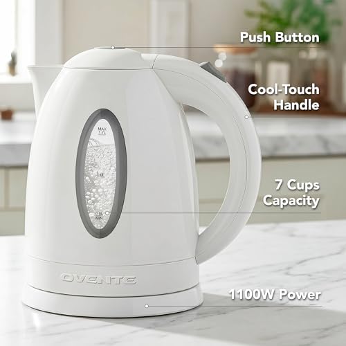 OVENTE 1.7L Electric Kettle with 1100W Fast Boiling Water, White KP72W - 1