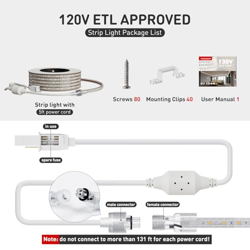 Image of Shine Decor LED Strip Light Easy Connectable, 2800K Warm White Cold Resist Weatherproof Plug-in for Indoor Outdoor, 101 LM /FT Dimmable Bright Eco Rope Lighting 65FT, 120V Whole Set ETL Listed