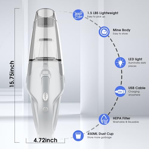 YOOHI Handheld Vacuum Cordless Rechargeable – 6000Pa Mini Hand Held Vacuum, LED Light, 20–25 Mins Runtime, USB Charging, 500ML Cup – Lightweight Small Vacuum Cleaner Cordless for Car/Office/Home by YOOHI - Image 4