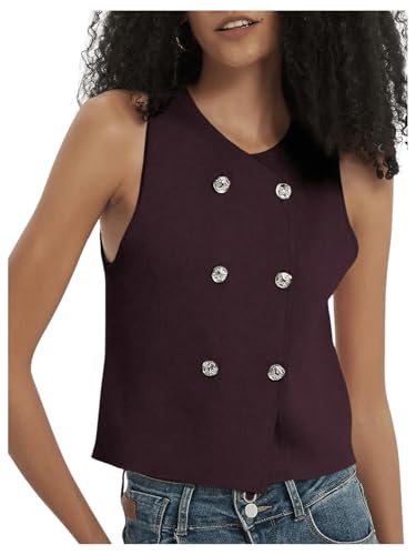 Image of SHENHE Women's Double Breasted Sweater Vest Sleeveless Crewneck Elegant Dressy Vest Tank Red Violet Large
