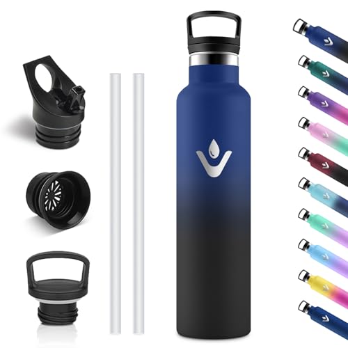 Vikastar Botella Termica, 1000ml sin BPA, Botella Agua Acero Inoxidable, a Prueba de Fugas, Cantimplora, Reutilizable, Botella de Agua para Deporte, Oficina, Ciclismo, Gimnasio, Azul & Negro
