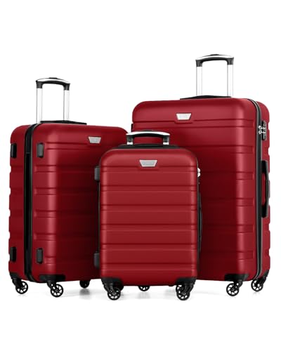 COOLIFE 3 Piece Luggage Set for Family Travel, Overseas Travel, ABS+PC, Lightweight Durable Suitcase with 360°Rubber Spinner Wheels, YKK Zipper, Telescopic Handle, TSA Lock, Spinel Red