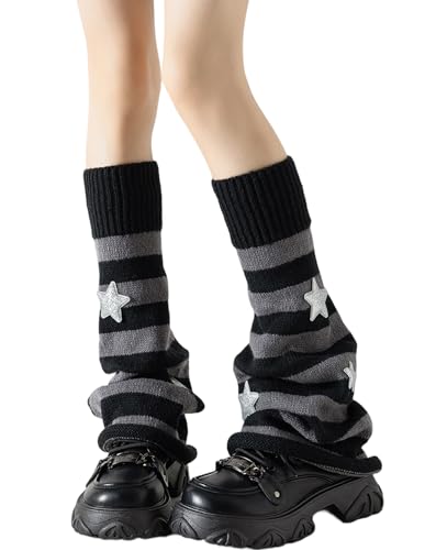 Yawlsow Arm and Leg Warmers for Women Girls Y2k Knit Leg Warmer Kawaii Lolita Goth Harajuku Streetwear Grunge Accessories (leg Gray-black stripes One Size)