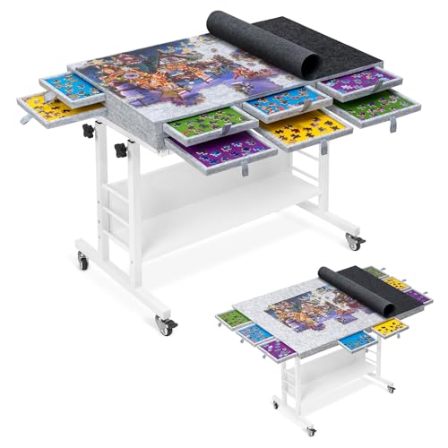 Tektalk 2000 Piece Foldable Felt Jigsaw Puzzle Board with Height Adjustment Puzzle Table with 2 Felt Cover & 8 Sorting Trays/Drawers Easel with Legs Enclosed with 4 Roller Wheels - Light Gray