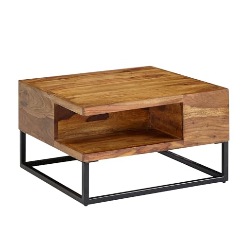 FineBuy Table Basse de Salon Sheesham Bois Massif et Métal 60x60x34,5 cm Carré | Petite Table de Canapé avec Rangement Marron | Design Table d'appoint Style...