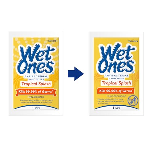 Image of Wet Ones Antibacterial Hand Wipes Singles, Tropical Splash Wipes, Individual Wipes, Antibacterial Wipes, Hand Wipes Individually Wrapped, 24ct (6 pack)