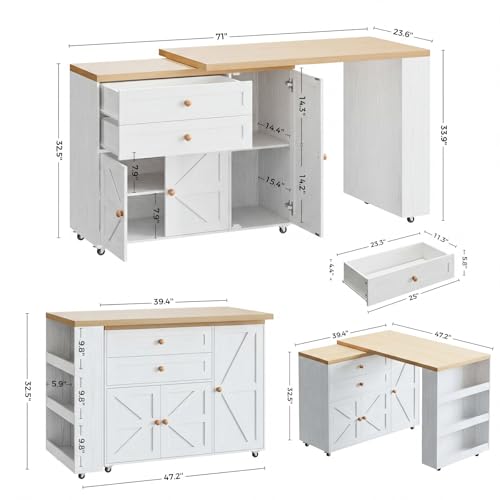 IRONCK Kitchen Island with 360° Swivel Table, 71 inch Rolling Kitchen Island Cart with Storage, Home Bar Table with Spice Rack and Drawers, Mobile Wood Kitchen Island on Wheels, White