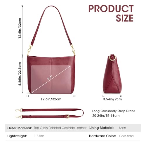 Image of Kattee Leather Crossbody Purse,Handbag Hobo Bag with 2 Straps,Red | Top grain pebbled leather with 2 magnetic pockets and 2 straps for crossbody or shoulder, ideal for work and travel.