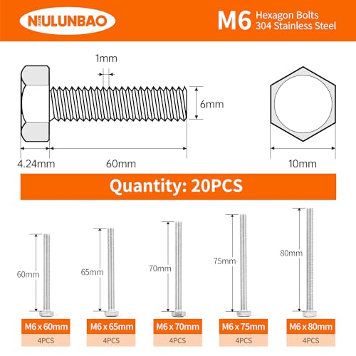 Image of M6 x 60mm 65mm 70mm 75mm 80mm Heavy Duty Hexagon Bolts Hex Head Screws, 304 Stainless Steel, Metric, Machine Fully Thread, Bright Finish, Assortment Kit 20PCS
