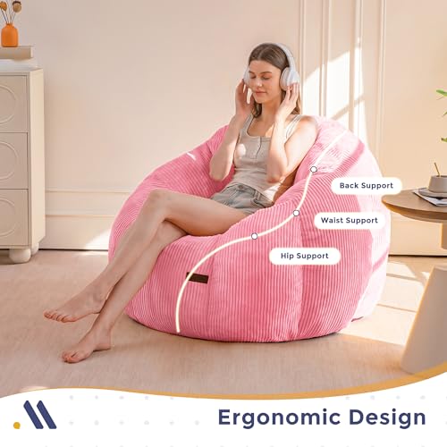 Image of MAXYOYO Giant Bean Bag Chair, Pumpkin-Shaped Bean Bag Sofa, Oversized Boneless Couch Sofa in a Box, Comfy and Lazy Lounge Chair for Dorm, Living Room, Pink
