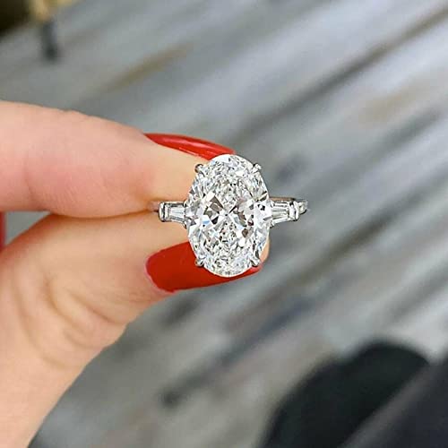 Ssjewel 3 Ct Oval Cut Diamond Tapered Baguette Shank Solitaire Wedding Band Engagement Ring 14K White Gold Plated Real 925 Sterling Silver Handmade Anniversary Dainty Charming Gift For Her #TOP4