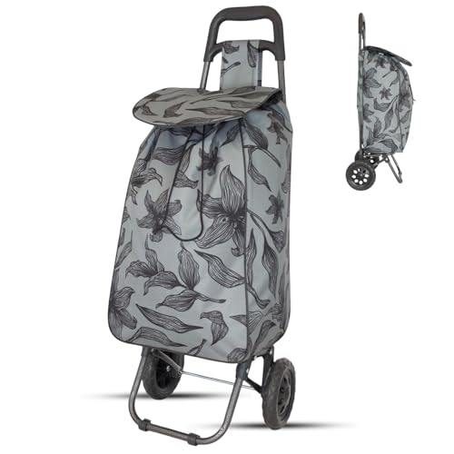 Lightweight 2 Wheel Shopping Trolley Cart 35L – Grey Lilly Foldable Grocery Cart with Strong Metal Frame, Water-Resistant Bag & Smooth Rolling Wheels – 94cm