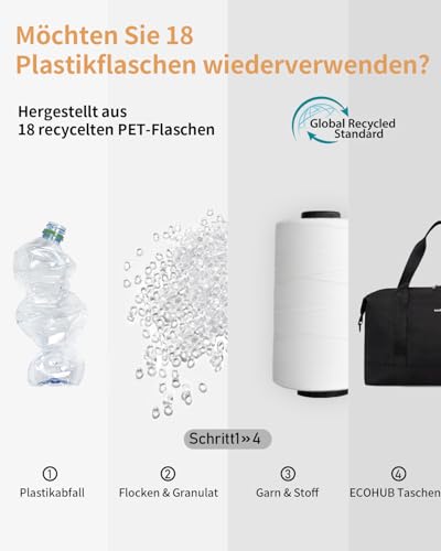 ECOHUB 30L Reisetasche Handgepäck Groß, für Easyjet Handgepäck 45x36x20, Faltbare Handgepäck Tasche für Flugzeug, Sporttasche mit Abnehmbar Nass-Tasche, Weekender Damen Herren(Schwarz)