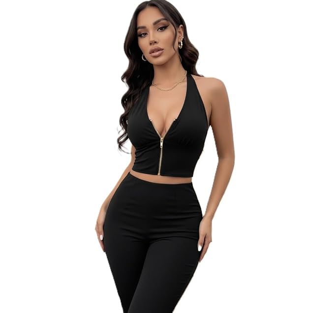 Womens Halter Crop Top Zip Front Sleeveless Sexy Going Out Club Party Summer Fitted Black Top-image-44