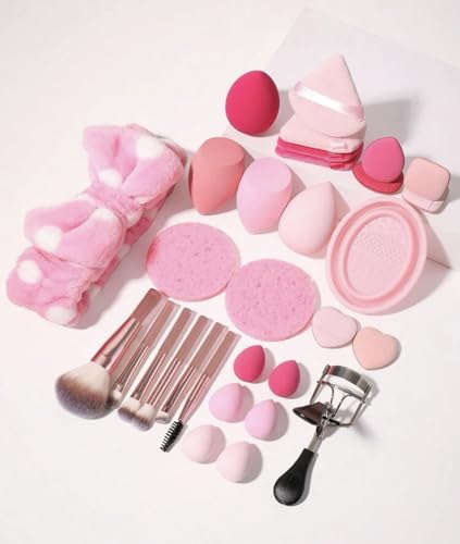 HealthyMoov PACK BEAUTE (29 pièces) avec 6 pinceaux de maquillage et houpettes et éponges couleur rose et récipient support manuel pour nettoyer les pinceaux+ recourbe cils+ bandeau cheveux