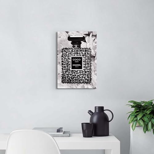 Image of HILL WEST Modern Fashion Canvas Wall Art - Black White Perfume Bottle Picture Prints Glam Butterfly Floral Painting Artwork for Girls Makeup Room Bedroom
