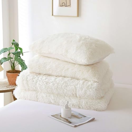 Smoofy Faux Fur Plush Twin Comforter Set, Fluffy Fuzzy Plush Twin Bedding, Cute Soft Shaggy Velvet Double-Sided Bedding Set, 2Pcs - 1 Comforter(66"x90") + 1 Pillowcase(20"x26")