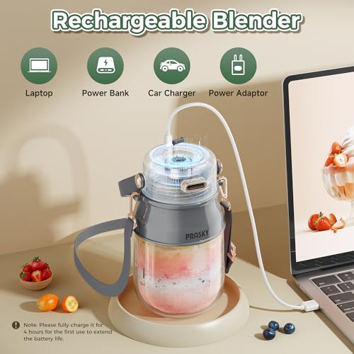 Image of Portable Blender, Prasky Personal Blenders for Shakes and Smoothies with 27oz Cup, Lid and Shoulder Strap, Type-C USB Rechargeable, Personal Size Blenders BPA-free for Travel /Kitchen (Gray)