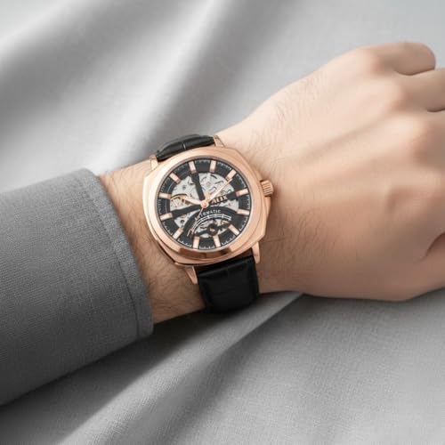 Image of ALIX AL2511 Automatic Mechanical Watch for Men Genuine Leather Strap Skeleton Dial Analog Watch