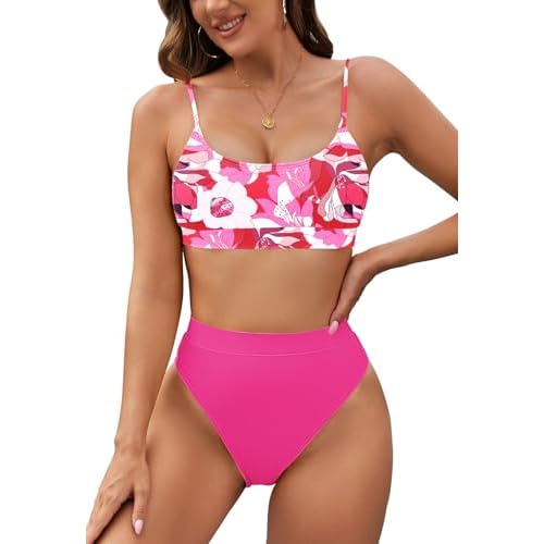 Pink Queen Plus Size High Waisted Bikini Set for Women Two Piece Cheeky High Cut Swimsuit Bathing Suit White M Small 02 - Floral Rose