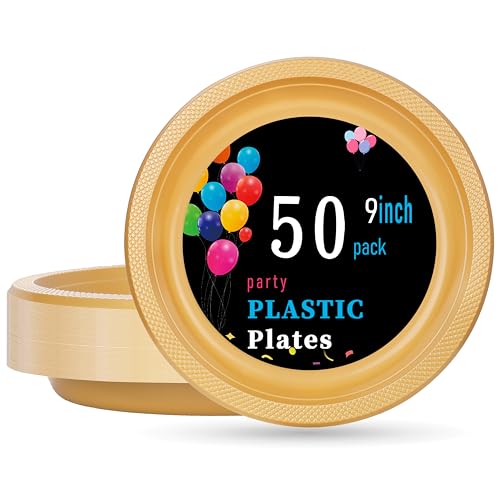 WELLIFE Gold Plastic Plates 9 Inch 50 Count