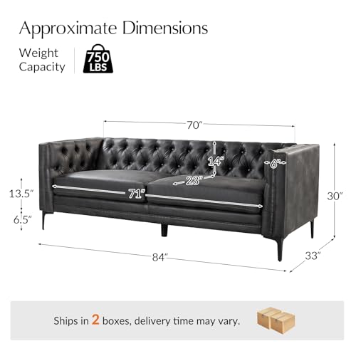 Image of HULALA HOME 84 inch W Faux Leather Sofa Couch with Metal Legs, Button-Tufted 3-Seater Sofa, Mid Century Modern Contemporary Upholstered Couch for Living Room, Apartment, Charcoal
