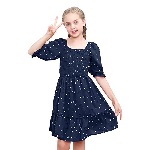 Girls Dress Sweet & Cute Puff Sleeve Square Neck Ruffle Whimsy Polka Dot Ruffle Swing Dress 5-14(11-12 Years)