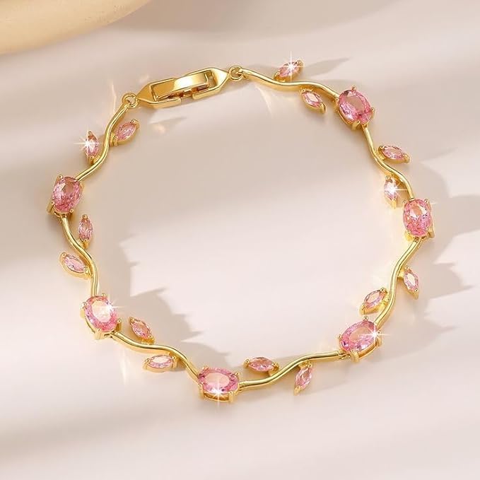 Image of INTESHA Anti Tarnish 18K Gold Plated Floral Tulip Bracelet for Women & Girls | Elegant Daily Wear Jewelry | Gift for Her | Pink Tulip Bracelet