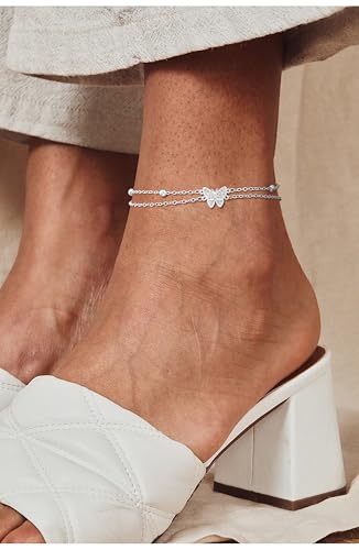 Jikasi Sterling Silver Plated Butterfly Charm Ankle Bracelets for Women - Layered Beaded Beach Jewelry with Simulated Diamonds - Image 3