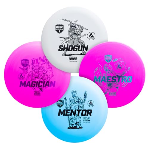 Discmania Disc Golf Starter Kit (4 Pack) | Active Line Beginner Disc Golf Set | Shogun, Maestro, Magician & Mentor | Base Plastic, Easy to Throw | Ideal Gift for New Players (Colors May Vary)