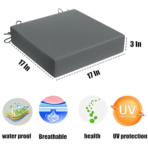 مجموعة وسائد لكرسي الفناء مقاس 17 × 17 من لفنون مكونة من 4 قطع، وسائد مقعد مربعة الشكل محشوة بالاسفنج عالي الكثافة، مقاومة للماء والبهتان، مع اربطة وسحاب، للاثاث الخارجي، رمادي