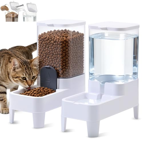 Flowecat Automatic Pet Feeder and Water Dispenser Set for Cat,Top Fill Water&Food Gravity Feeder with Bowl,Easy to Hand-Washable,Elevated Base Design,Suitable for Small&Medium Cat and Dog(4L,White)