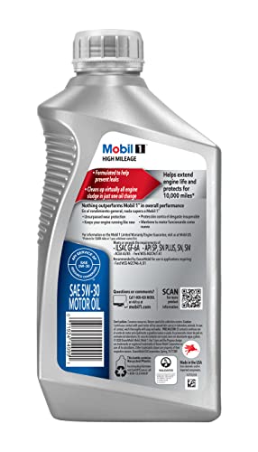 Image of Mobil 1 High Mileage Full Synthetic Motor Oil 5W-30, 1 Quart (Pack of 6)