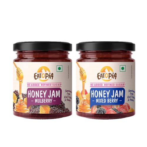 Image of Eatopia Sugar Free Mixed Berry & Mulberry Honey Jam | 100% Pure & Natural | Healthy Jam for Kids & Adults | No Added Flavours & Preservatives | 70% Real Fruits | Sweetness from Real Fruits & Honey | 240g Each | Pack of 2 | 480g