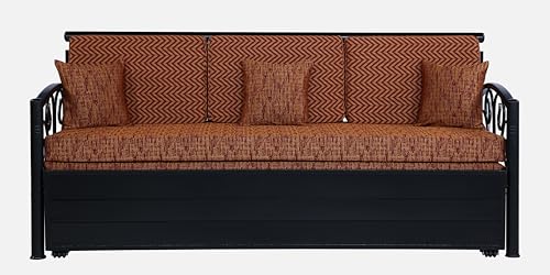 Image of Rokkove 3 Seater Metal Sofa Cum Bed with Hydraulic Storage | King Size Sofa Cuma Bed | Metal Sofa Set for Living Room (Matte Black Finish with Light & Dark Brown Mix Cushion)