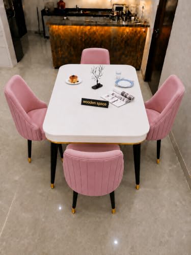 Image of WOODEN SPACE 4 Seater Wooden Dining Table Set | Urban Marble Top Dining Table with Chairs for Dining Room & Kitchen (Modern Infinity Pink) (54 x 36 x 30 inch)