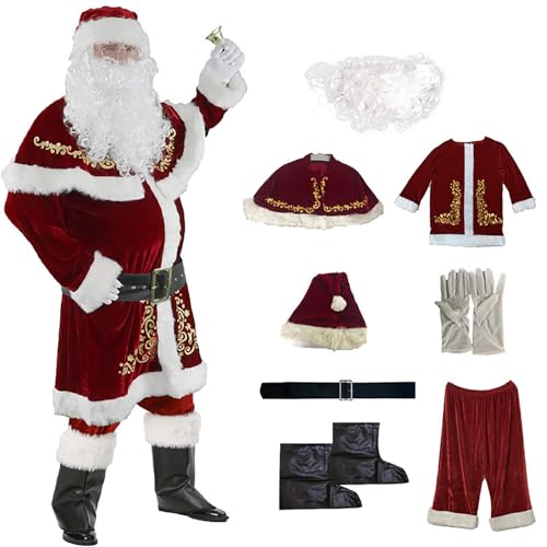 Costume da Babbo Natale, 8 pezzi, per adulti, uomo, deluxe, rosso, costume da Babbo Natale, per cosplay, Babbo Natale, 4XL