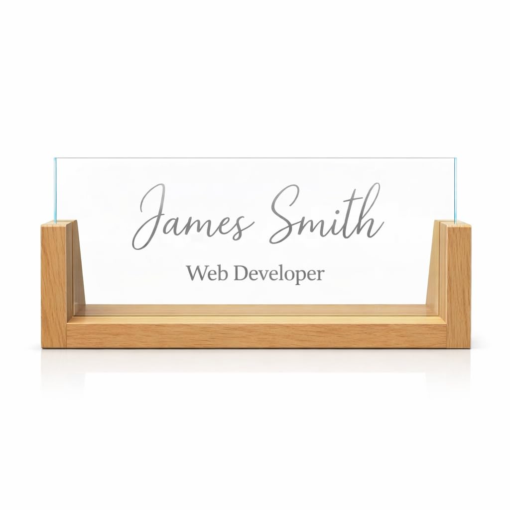 Personalised LED Acrylic Desk Name Sign with Wooden Base – Custom Engraved Office Name Plate with Warm LED Light – Unique Gift for Professionals, Work Desk, Home Office Decor