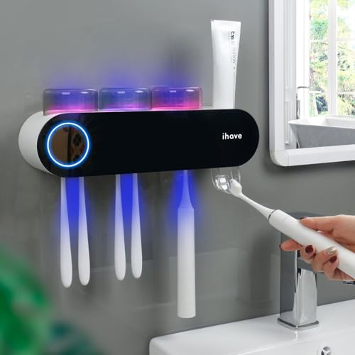 Image of iHave Wall Mounted Electric Toothbrush Holders with 3 Cups, UV Sanitizer, Toothpaste Dispenser, Smart Home Bathroom Accessories & Decor, Black