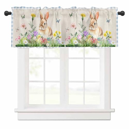 Tuyouixinnen カフェカーテン 小窓用 カーテン 断熱 遮熱 目隠し おしゃれ 北欧 間仕切り 喫茶店 部屋 洗面所 飾り うさぎ 花 チエック柄 青 キッチン 居間 外から見えにくい 107×30cm