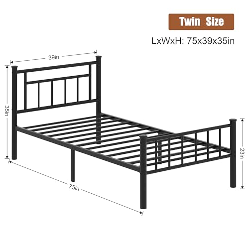 Image of Shintenchi Twin Size Bed Frame with Headboard and Footboard, Metal Mattress Foundation with Under Storage, Steel Slats, No Box Spring Needed, Noise Free, Red Round
