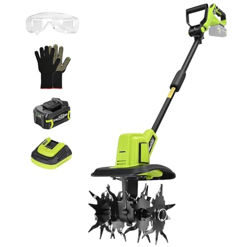 SnapFresh 20V Cordless Tiller Cultivator 4.0Ah Battery & Fast Charger Included 300 RPM Electric Garden Rototiller 9 Width 6.6 Depth 3-Speed Lightweight Handheld Soil Tiller with Steel Tines