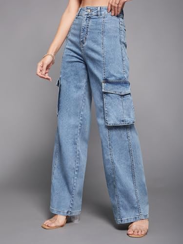 Image of Miss Chase Women's Wide-Leg High-Rise Regular-Length Stretchable Patch-Pocketed Denim Jeans (MCSS24DEN79-02-402-34, Electric Blue, 34)