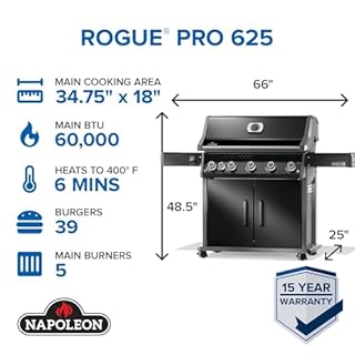 Napoleon Rogue PRO 625 Propane Gas Grill with Infrared Side Burner, Black, Durable 6-Burner Backyard Grill