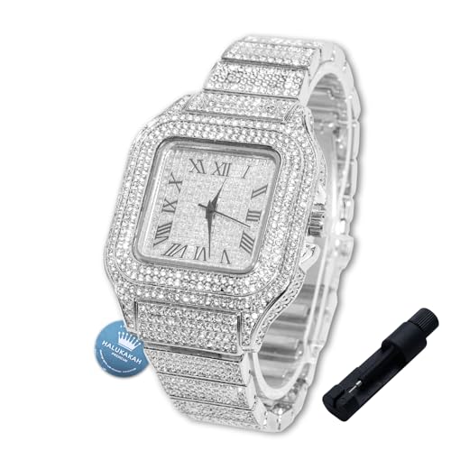 Halukakah Diamanten-Gold-Uhr Iced Out für Jungen,Teenager,Kinder - Platin Platiniert,40mm Quadrat Zifferblatt,Japanisches Quarzwerk - 20cm Länge,mit Anpassungswerkzeug - für Geburtstage,Partys