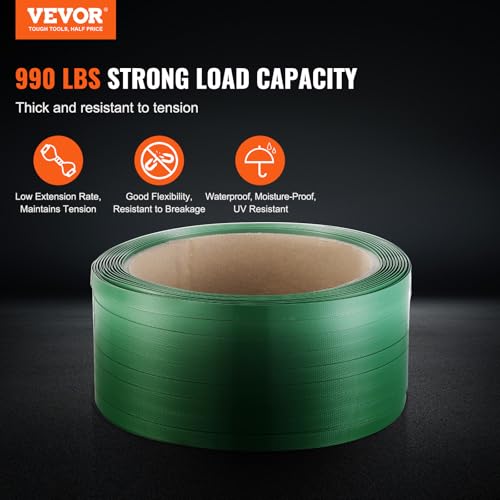 Image of VEVOR Packaging Polyester PET Strapping Roll, 1000' Length x 0.63 inch Width x 0.03 inch Thickness, 992 lbs Break Strength, Heavy Duty Banding Pallet Strap Coil, Portable Strong Banding Packing Straps, Green